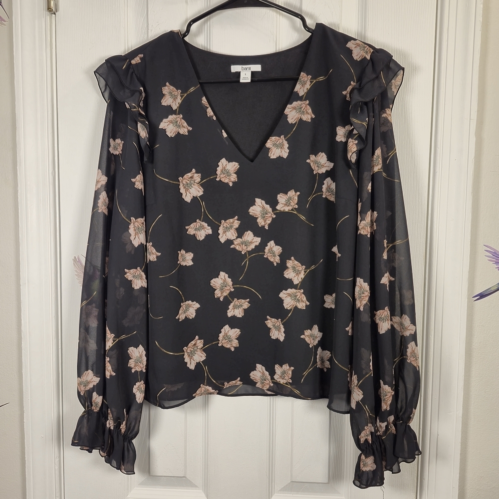 bar III Floral Ruffle V-Neck Sheer Long Sleeve Blouse Top L